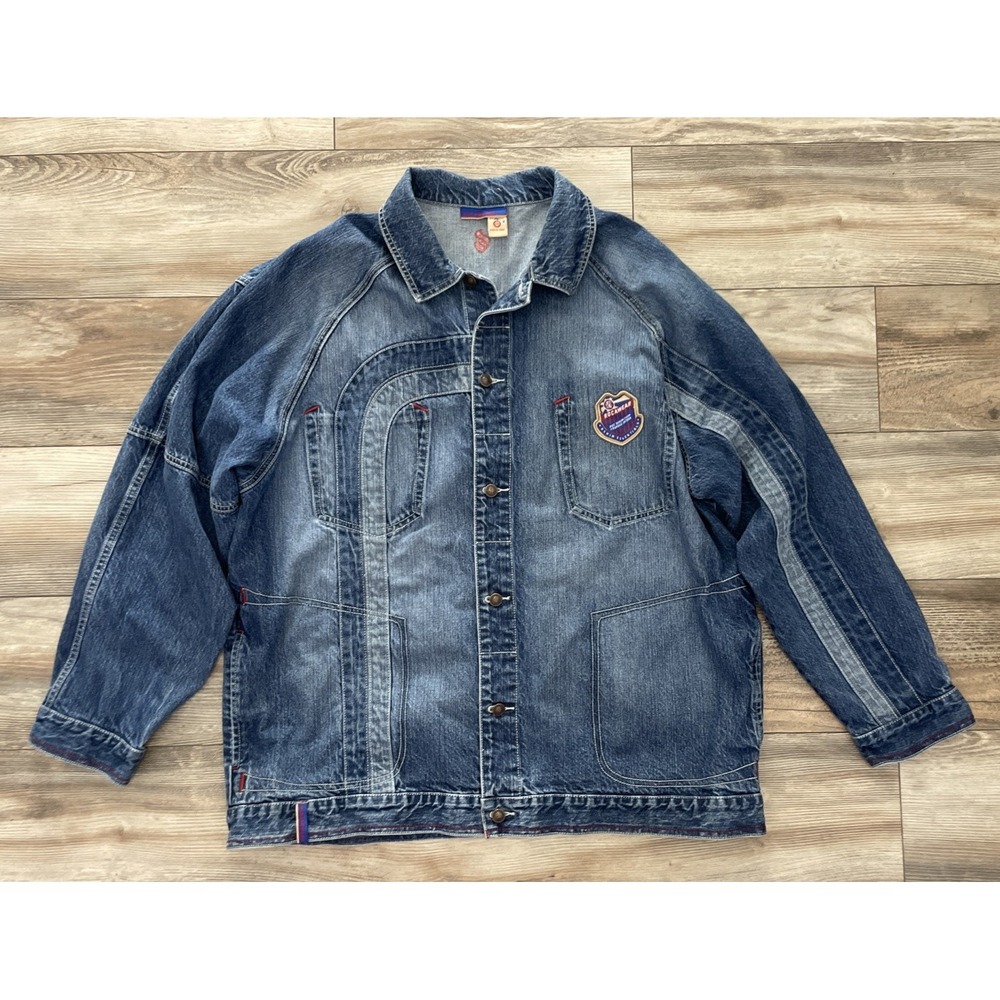 VINTAGE Rocawear Jacket Mens 2XL Blue Denim Embroidered Hip Hop Streetwear Y2K